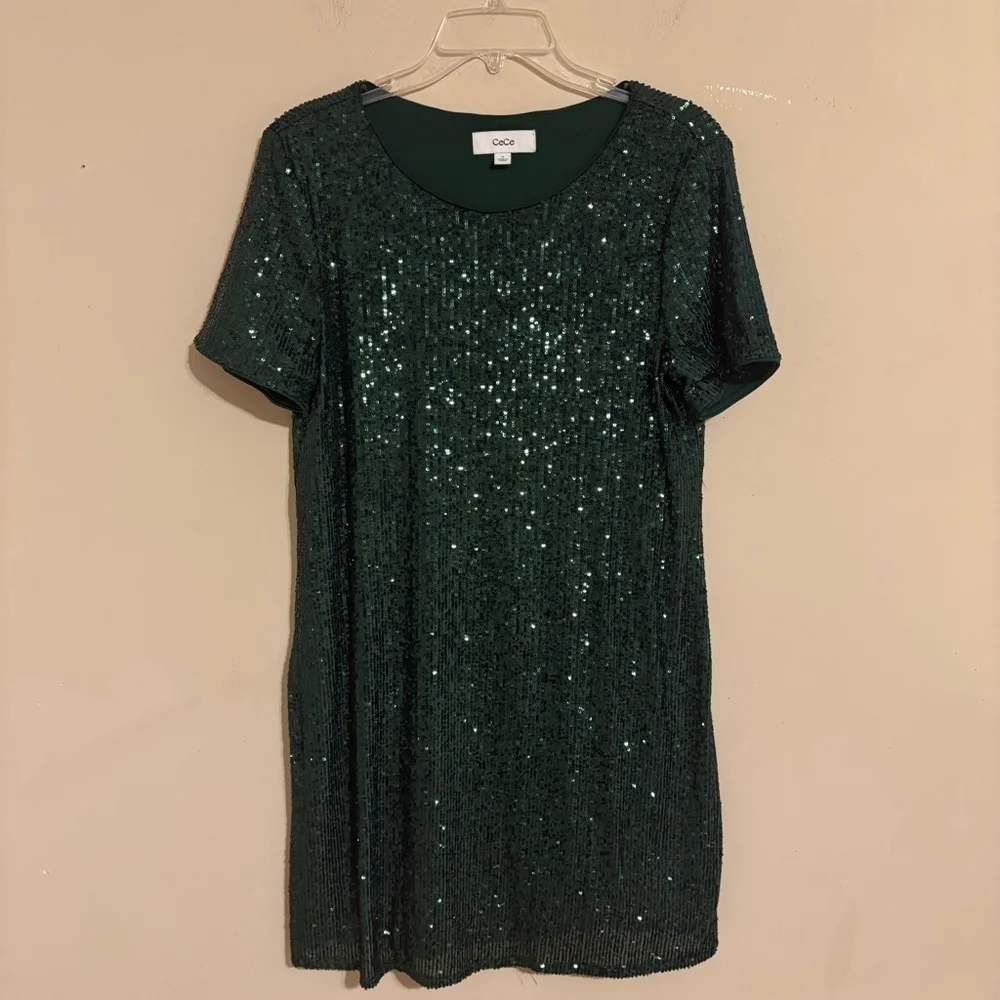 CeCe Emerald Green Sequin Godet Short Sleeve Shimmer Dress M - Picture 3 of 14